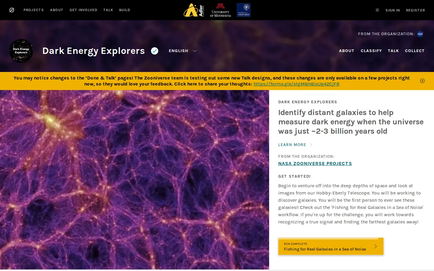 Dark Energy Explorers website homepage screenshot