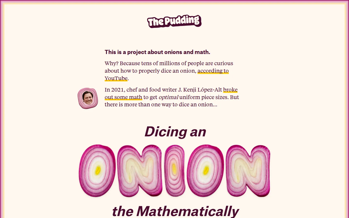 Dicing an Onion, the Mathematically Optimal Way website homepage screenshot