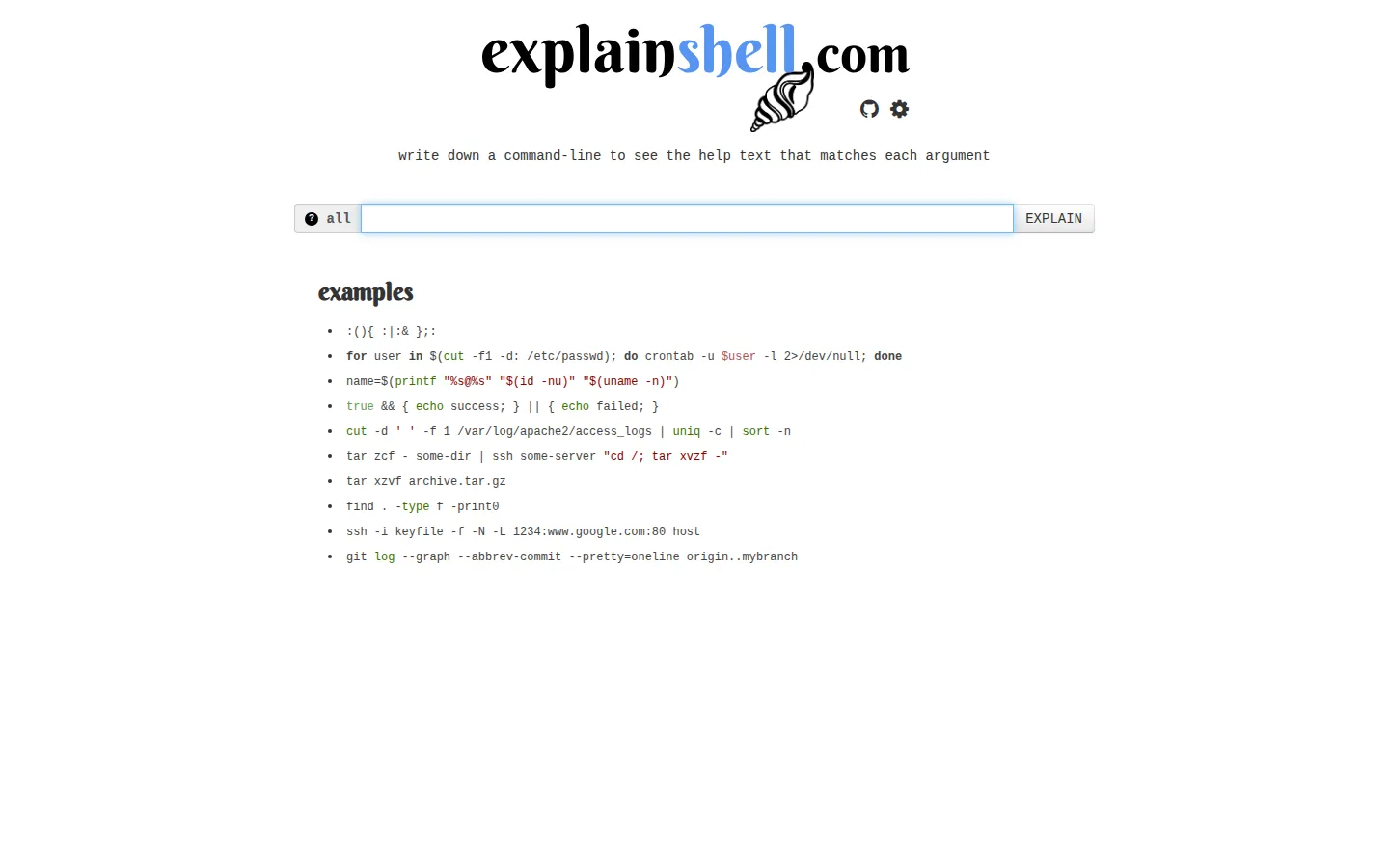 ExplainShell website homepage screenshot