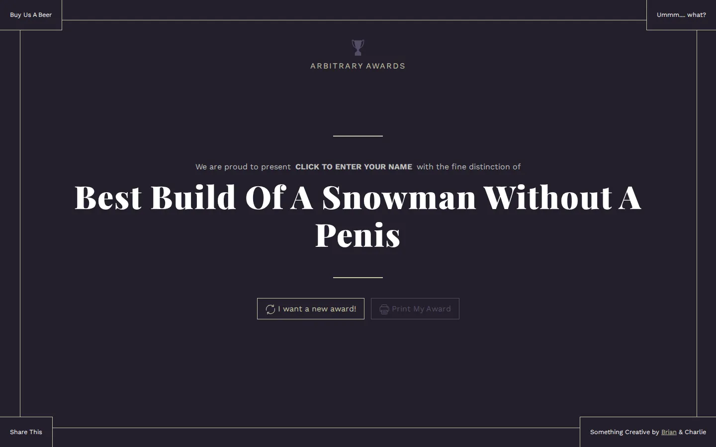 Arbitrary Awards website homepage screenshot