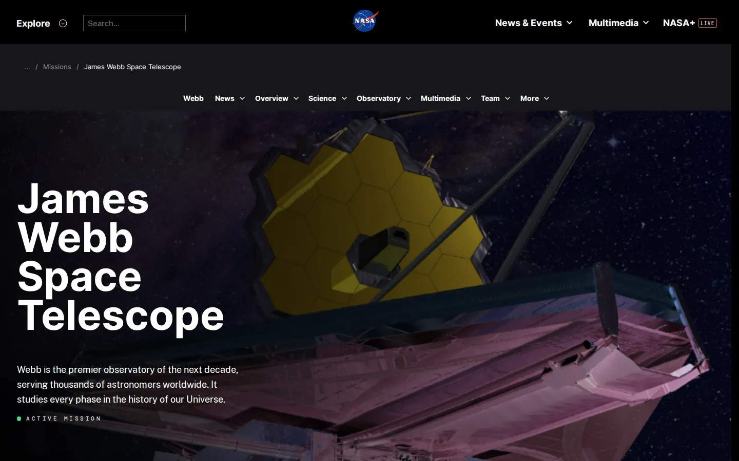 James Webb Telescope website homepage screenshot