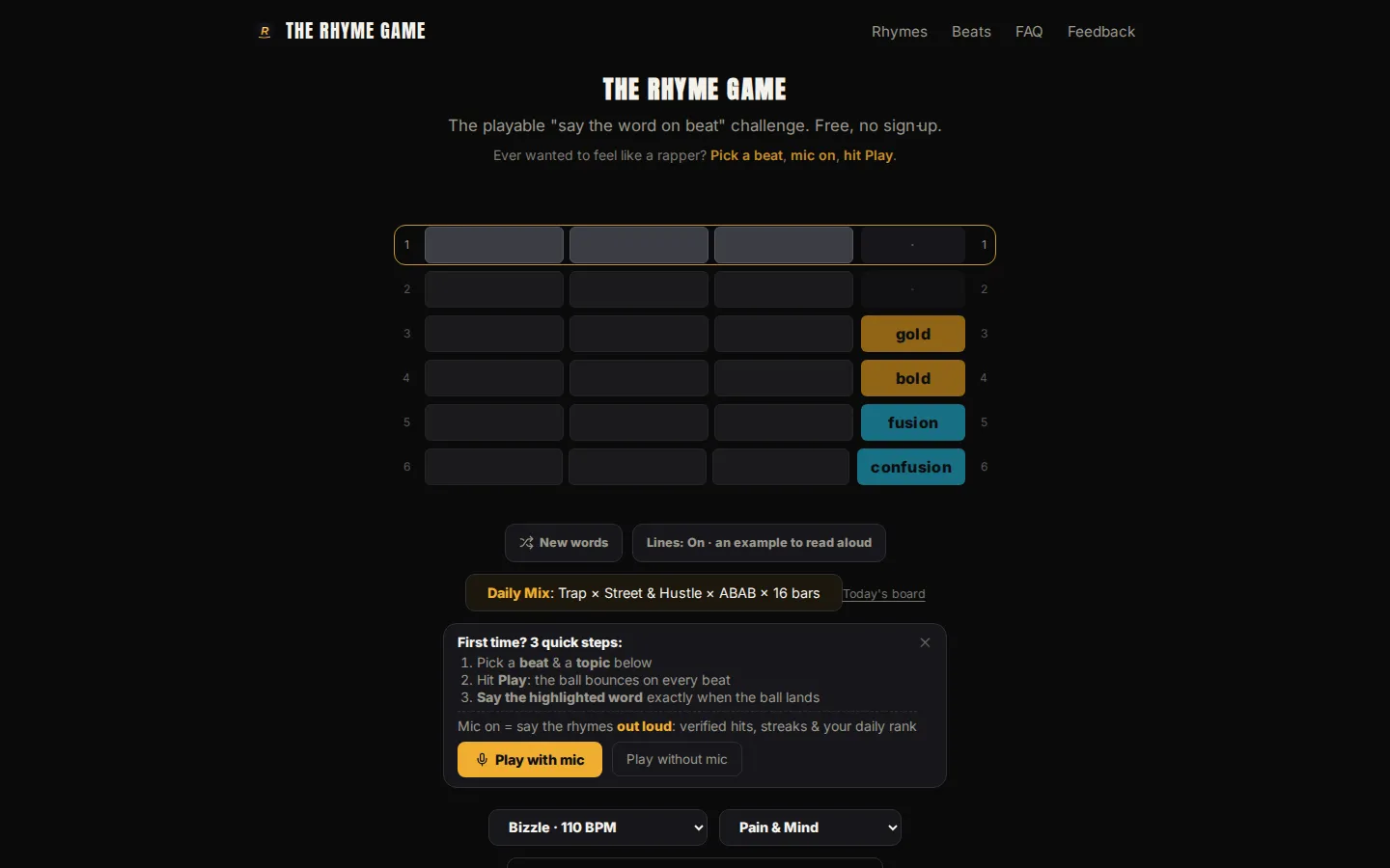 rhymegame.org website homepage screenshot