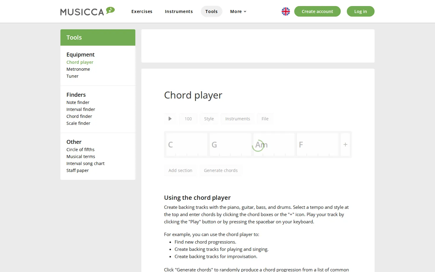 Musicca Chord Player website homepage screenshot