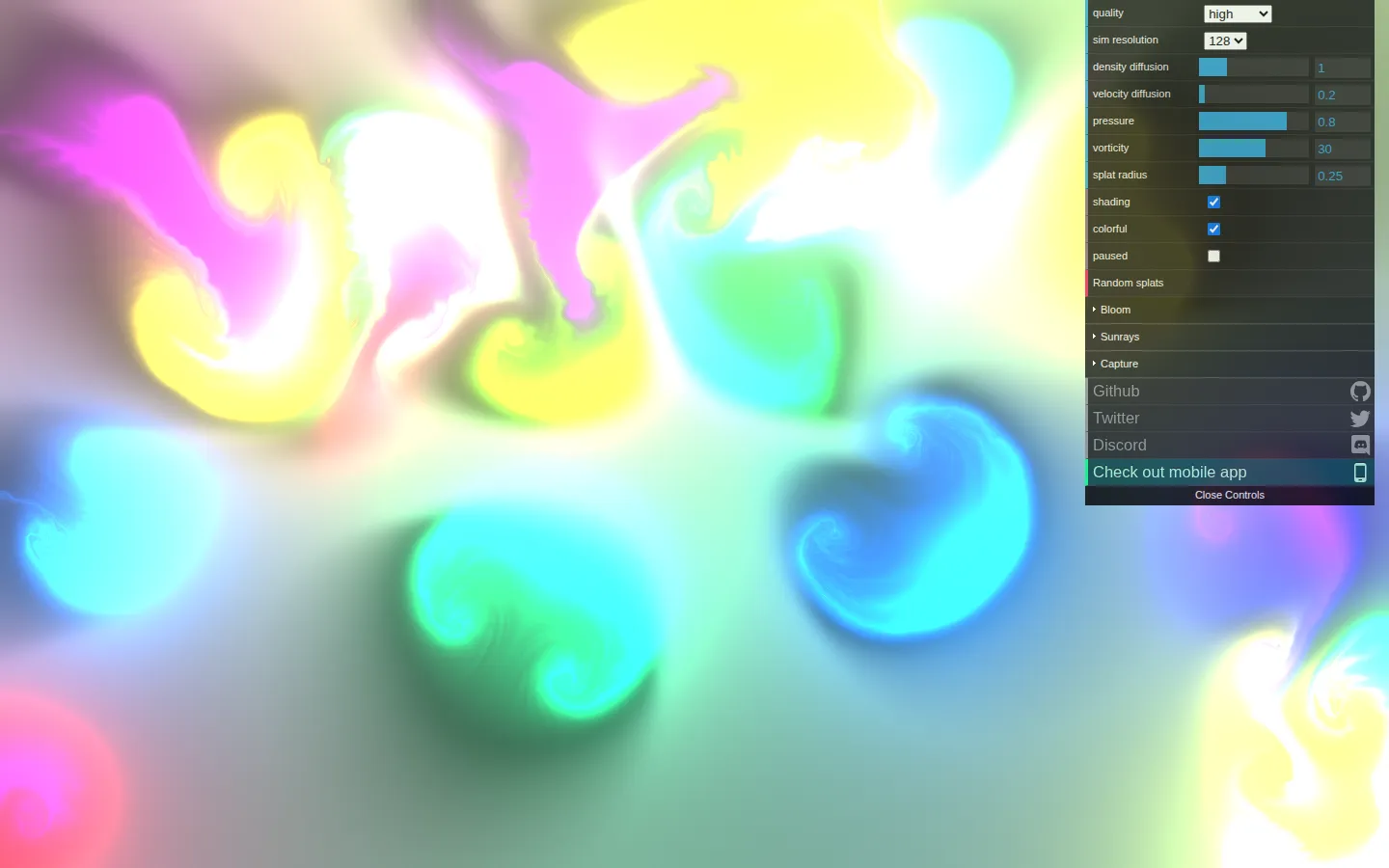 WebGL Fluid Simulation website homepage screenshot