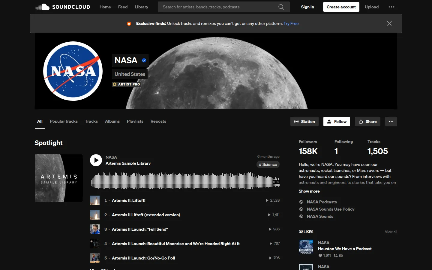 NASA SoundCloud website homepage screenshot