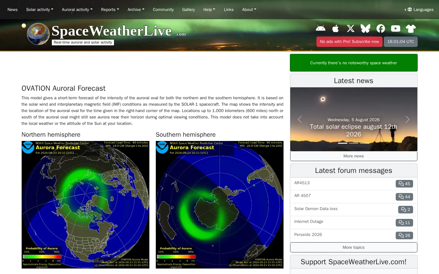 SpaceWeatherLive Auroral Oval website homepage screenshot