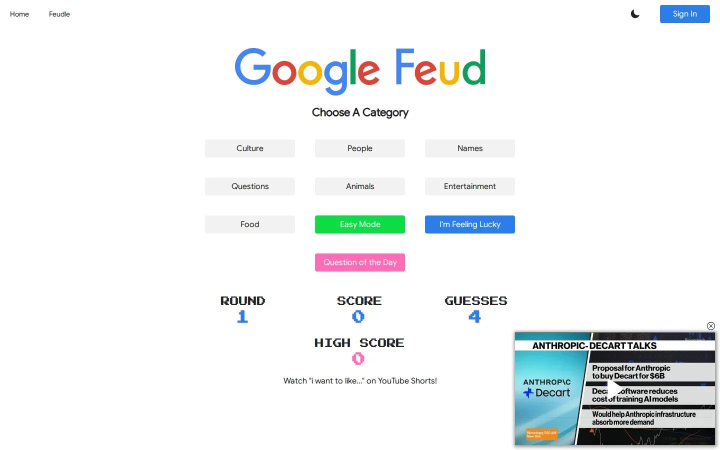 Google Feud website homepage screenshot