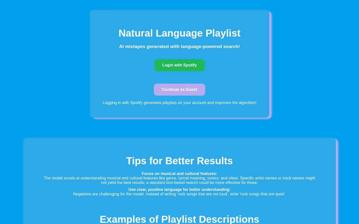 Natural Language Playlist website homepage screenshot