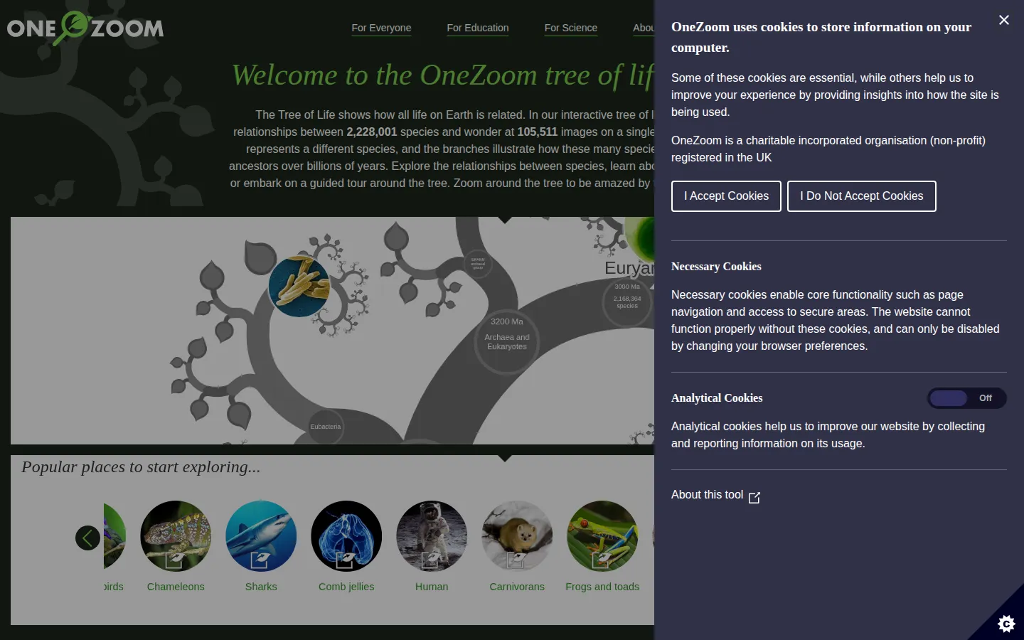 OneZoom Tree of Life website homepage screenshot
