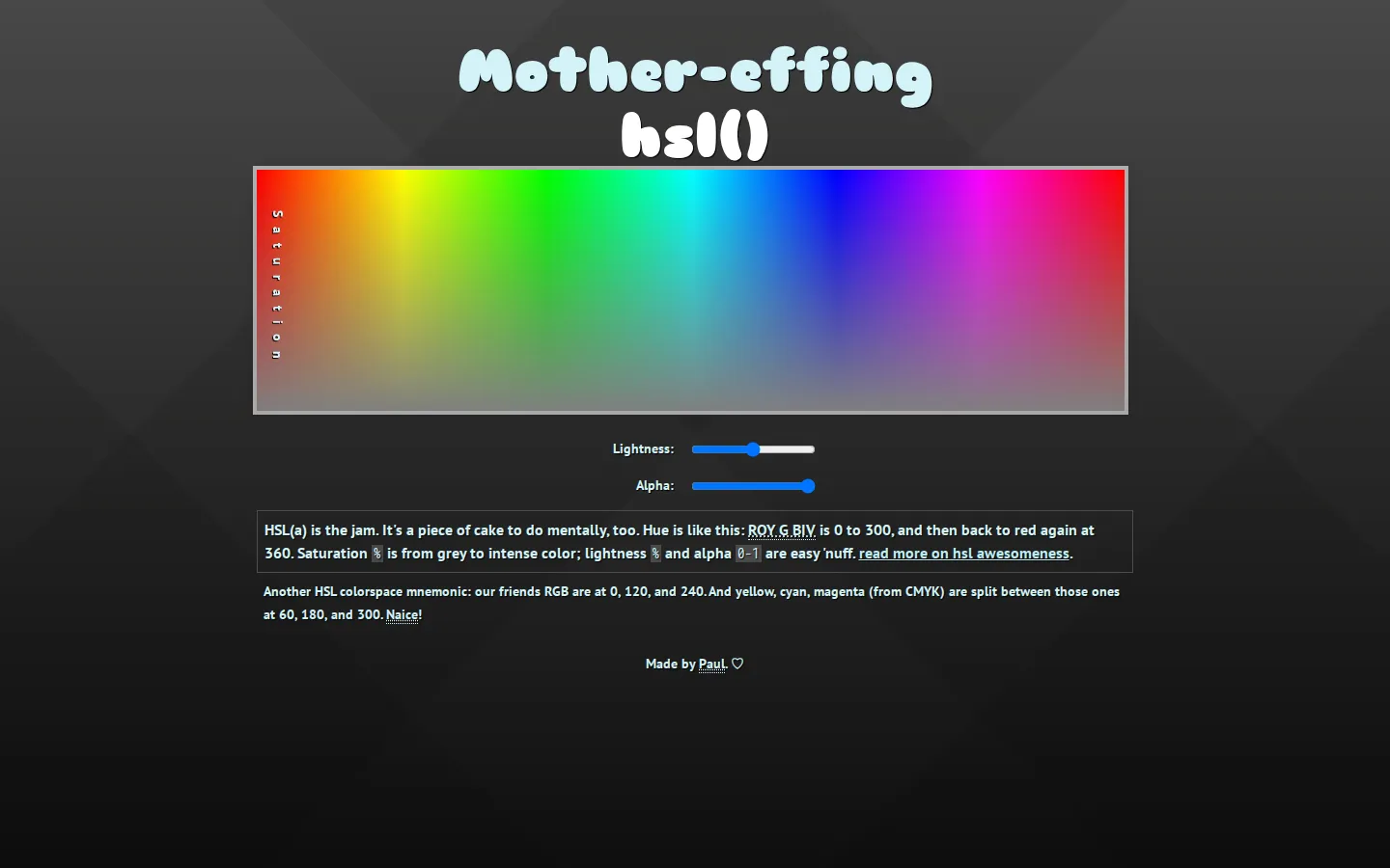 Mothereffing HSL website homepage screenshot