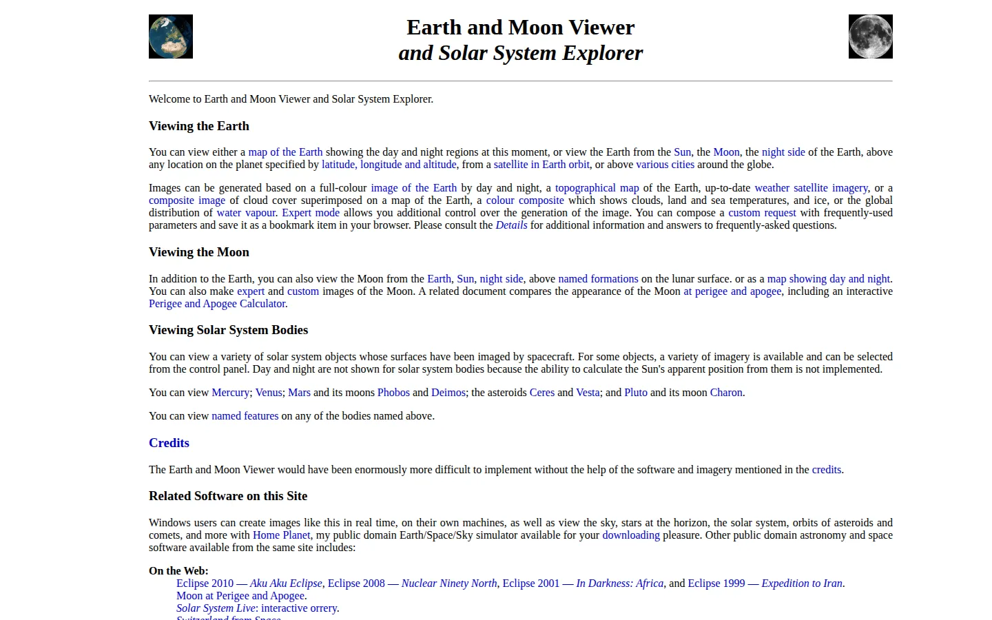 Earth and Moon Viewer website homepage screenshot