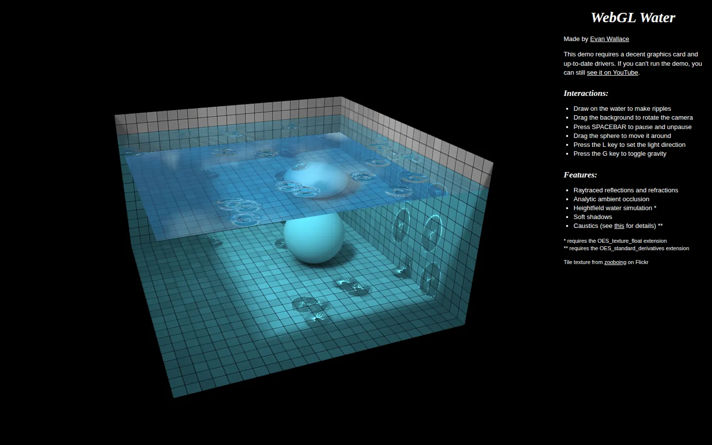 WebGL Water Simulator website homepage screenshot