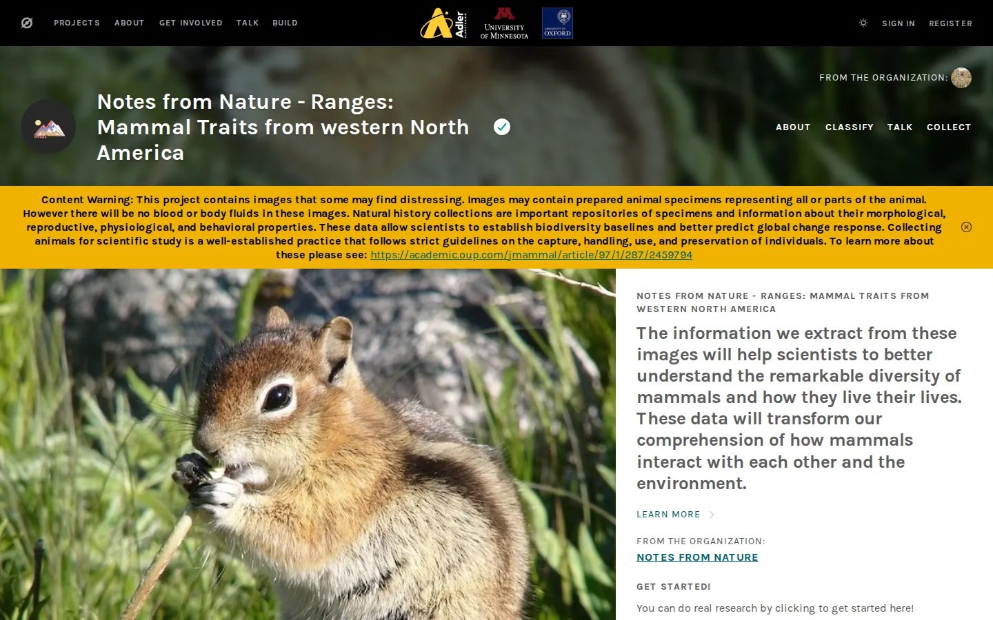 Notes from Nature - Ranges: Mammal Traits website homepage screenshot