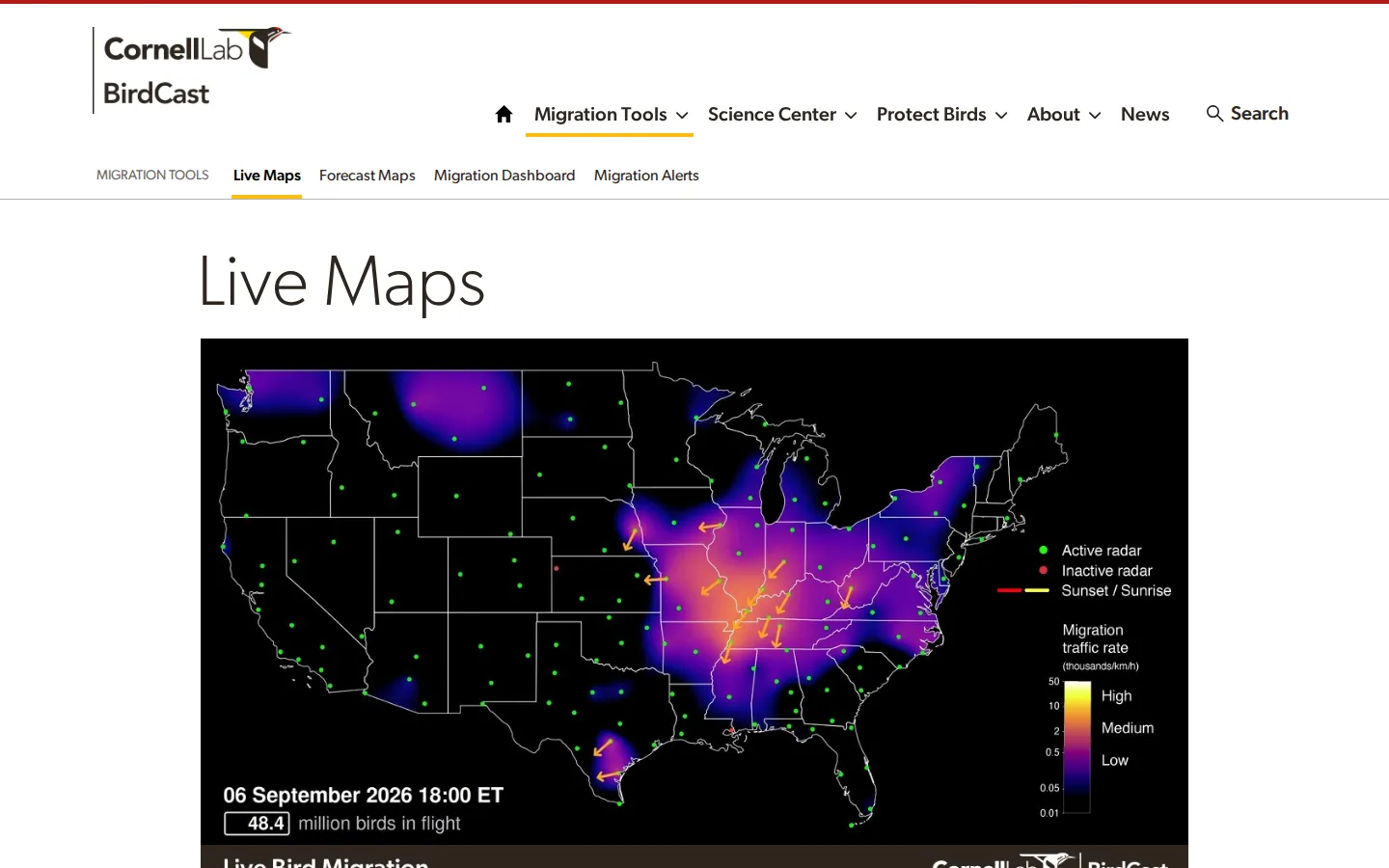 BirdCast Live Migration Maps website homepage screenshot