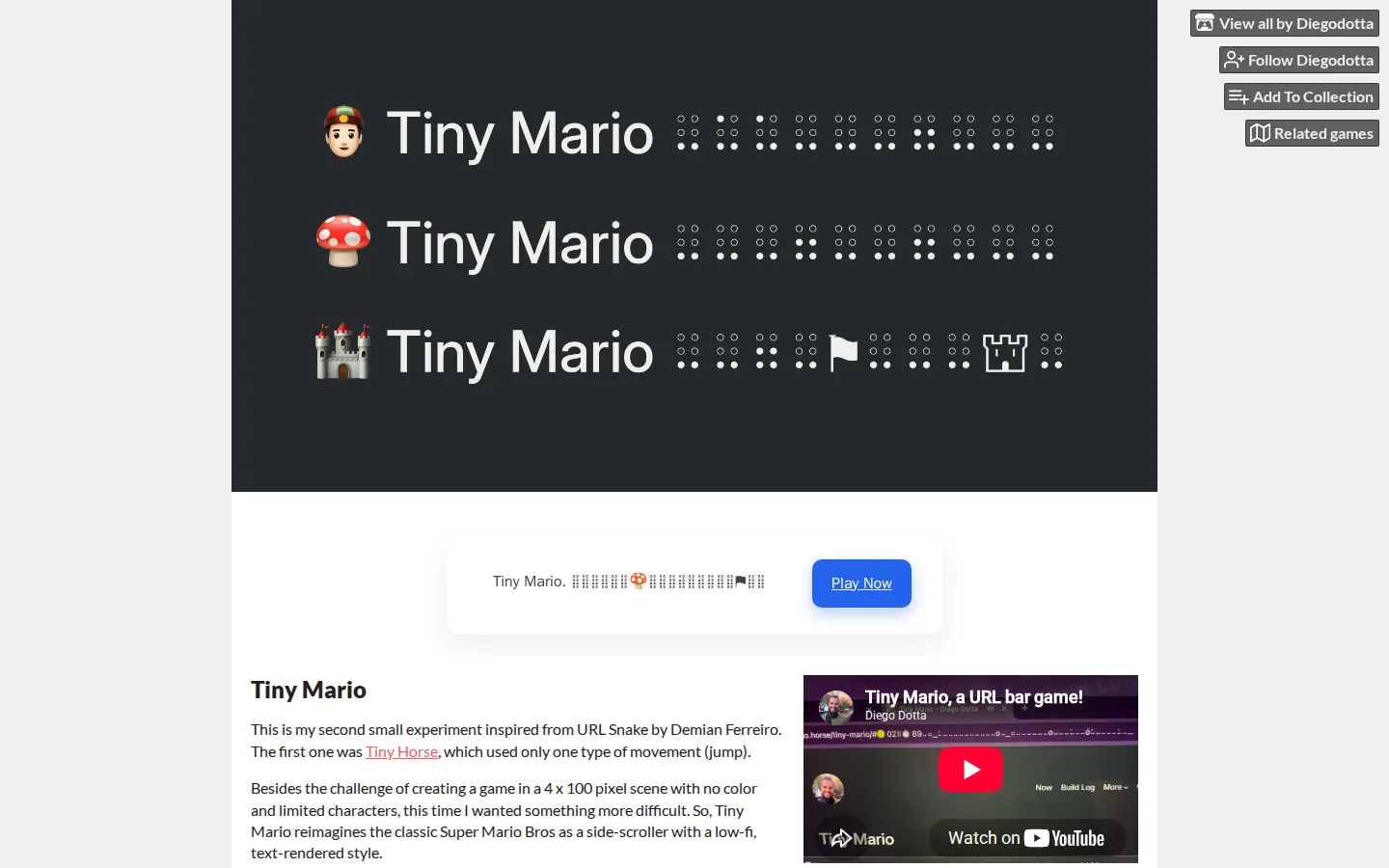 Tiny Mario website homepage screenshot