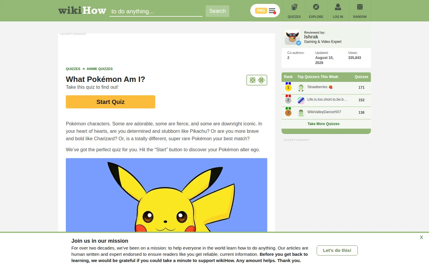 What Pokémon Are You website homepage screenshot