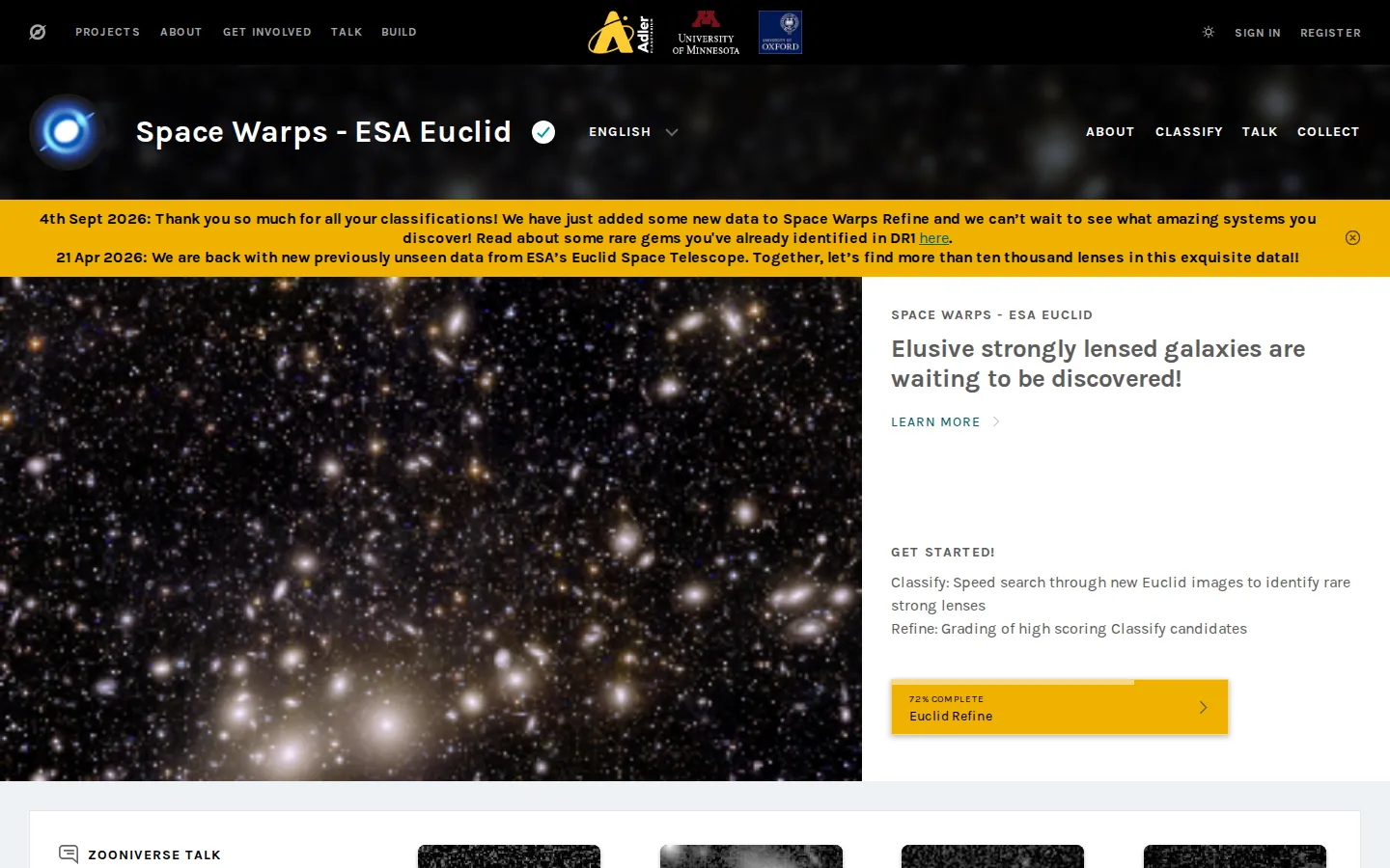 Space Warps - ESA Euclid website homepage screenshot