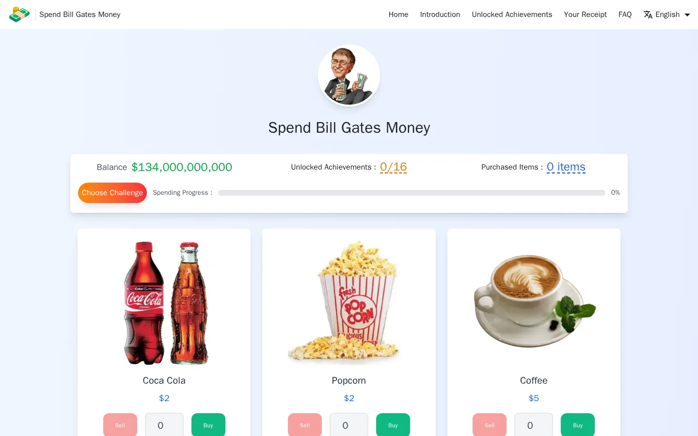 Spend Bill Gates Money Game website homepage screenshot