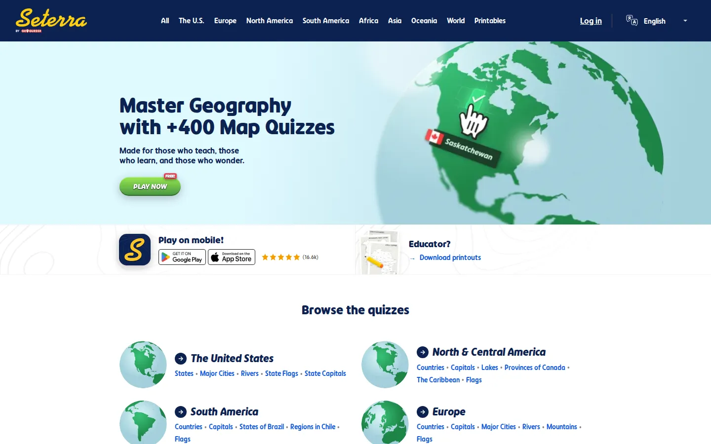 Seterra website homepage screenshot