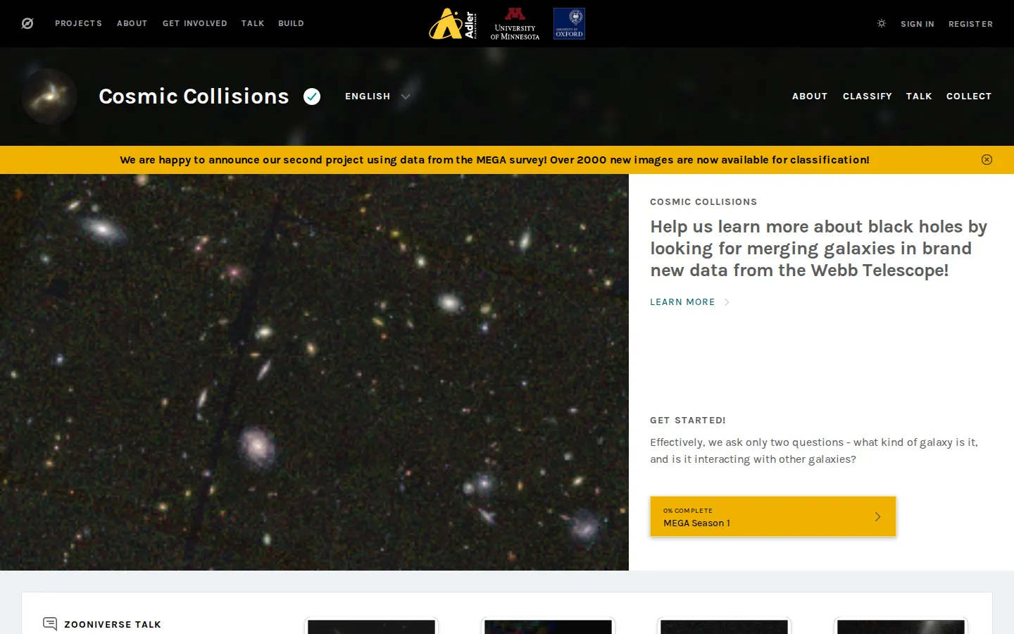 Cosmic Collisions website homepage screenshot