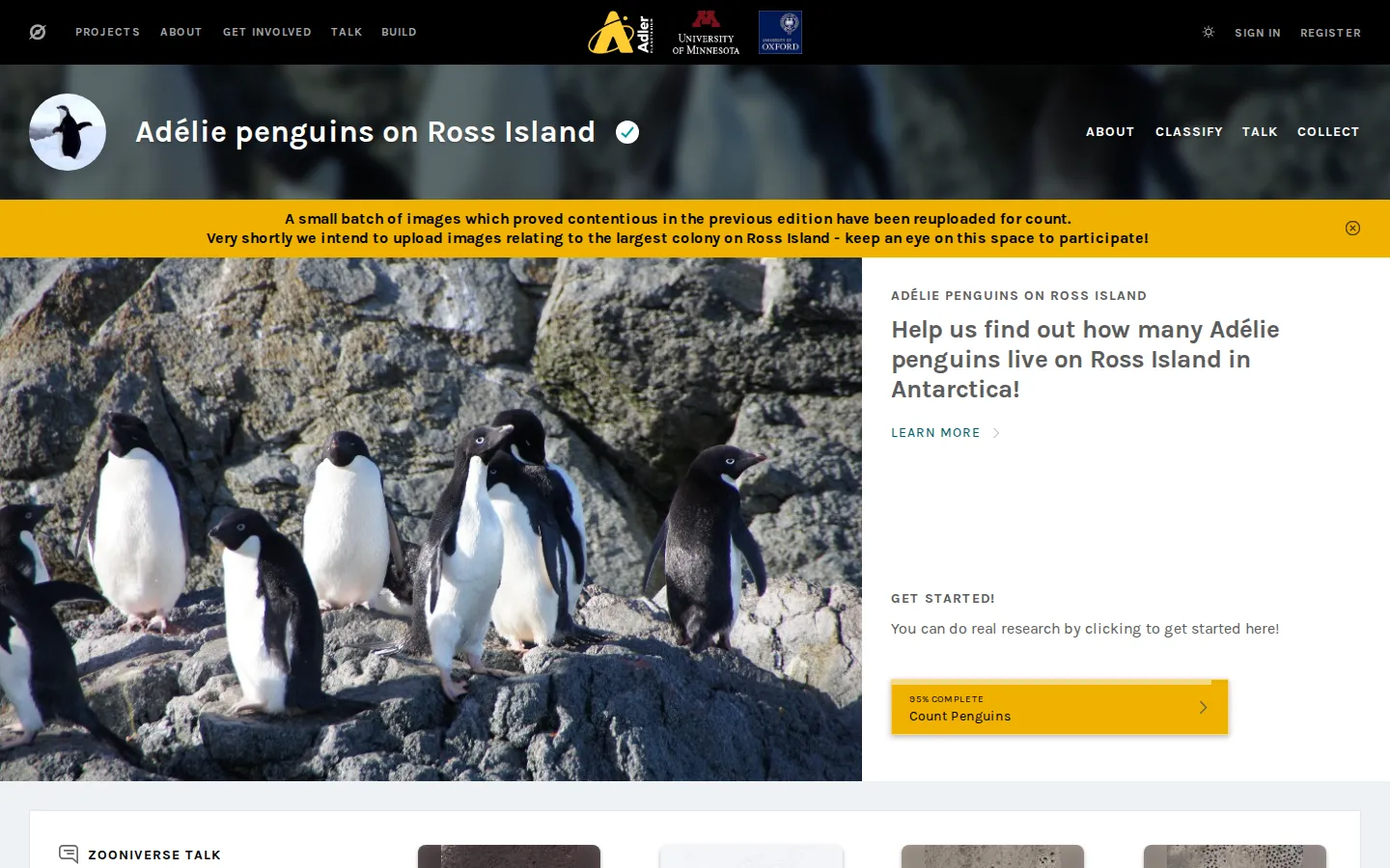 Adélie Penguins on Ross Island website homepage screenshot