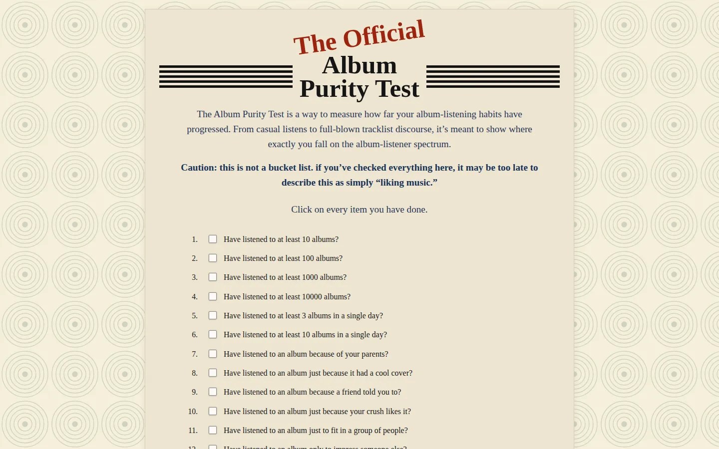 Album Purity Test website homepage screenshot