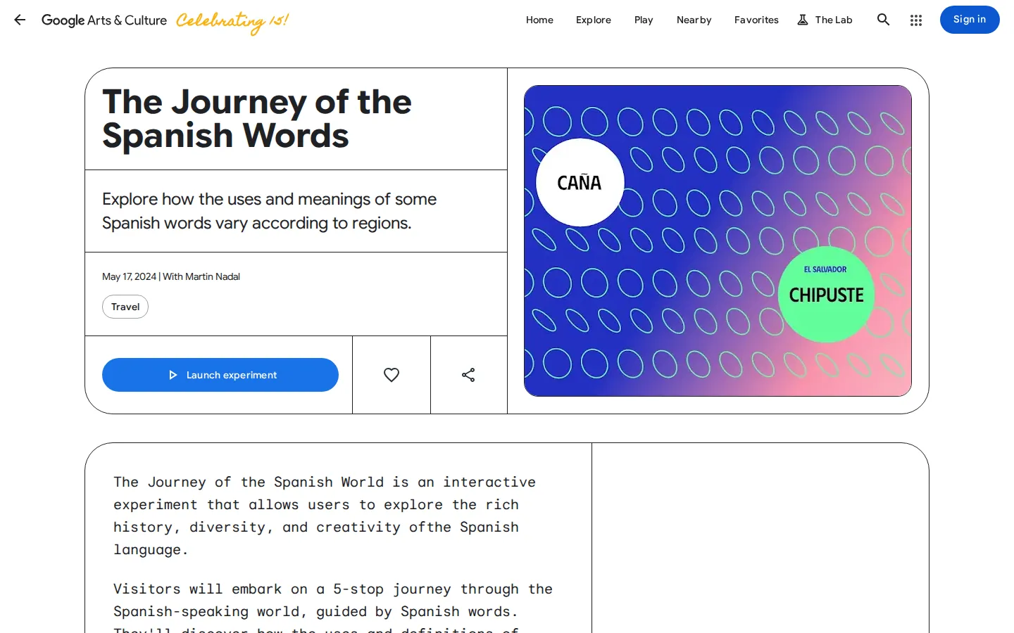 The Journey of the Spanish Words website homepage screenshot