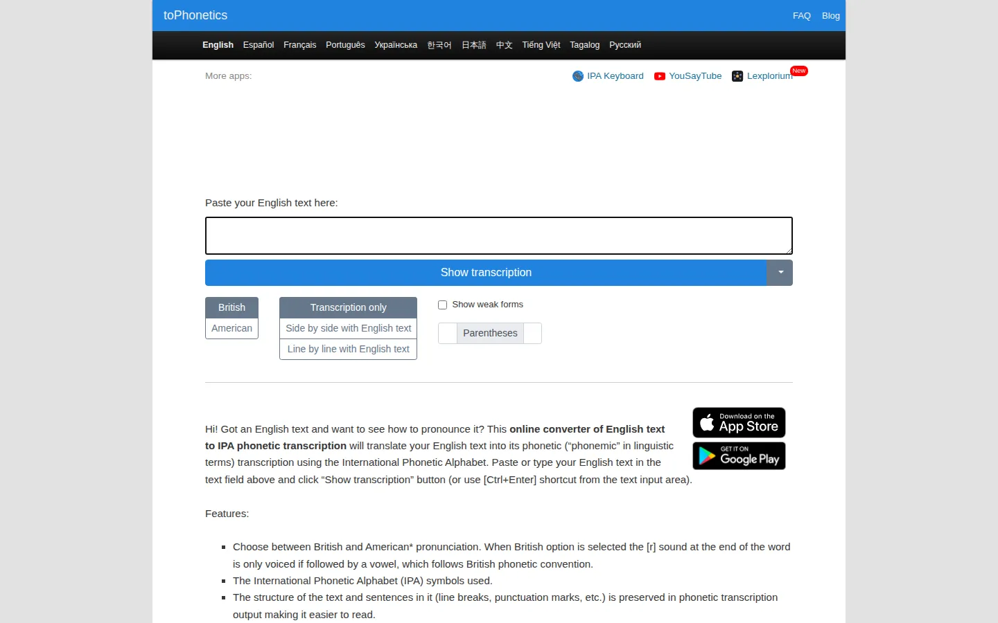 toPhonetics website homepage screenshot