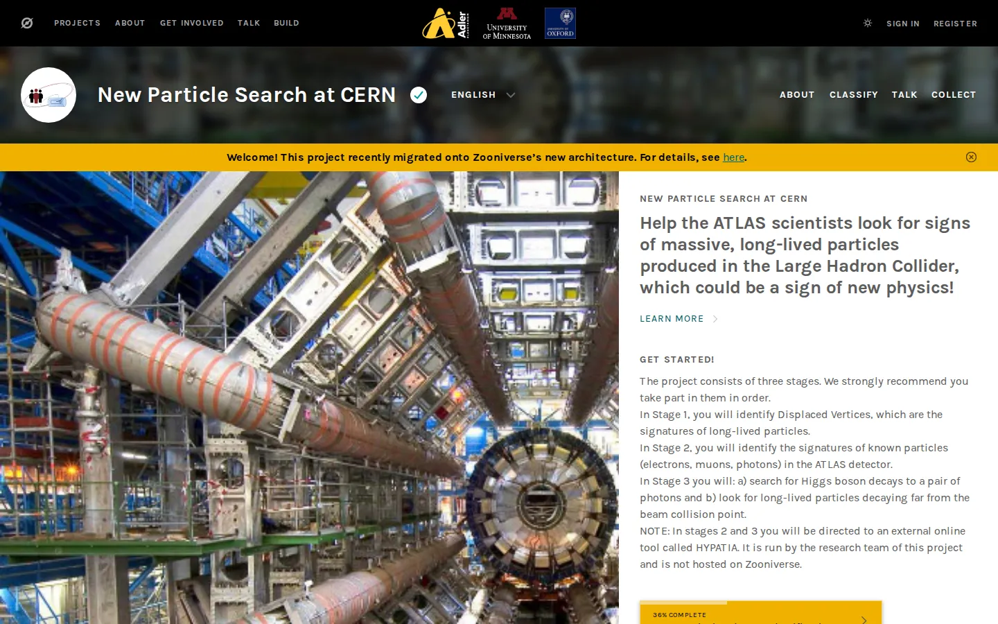 New Particle Search at CERN website homepage screenshot