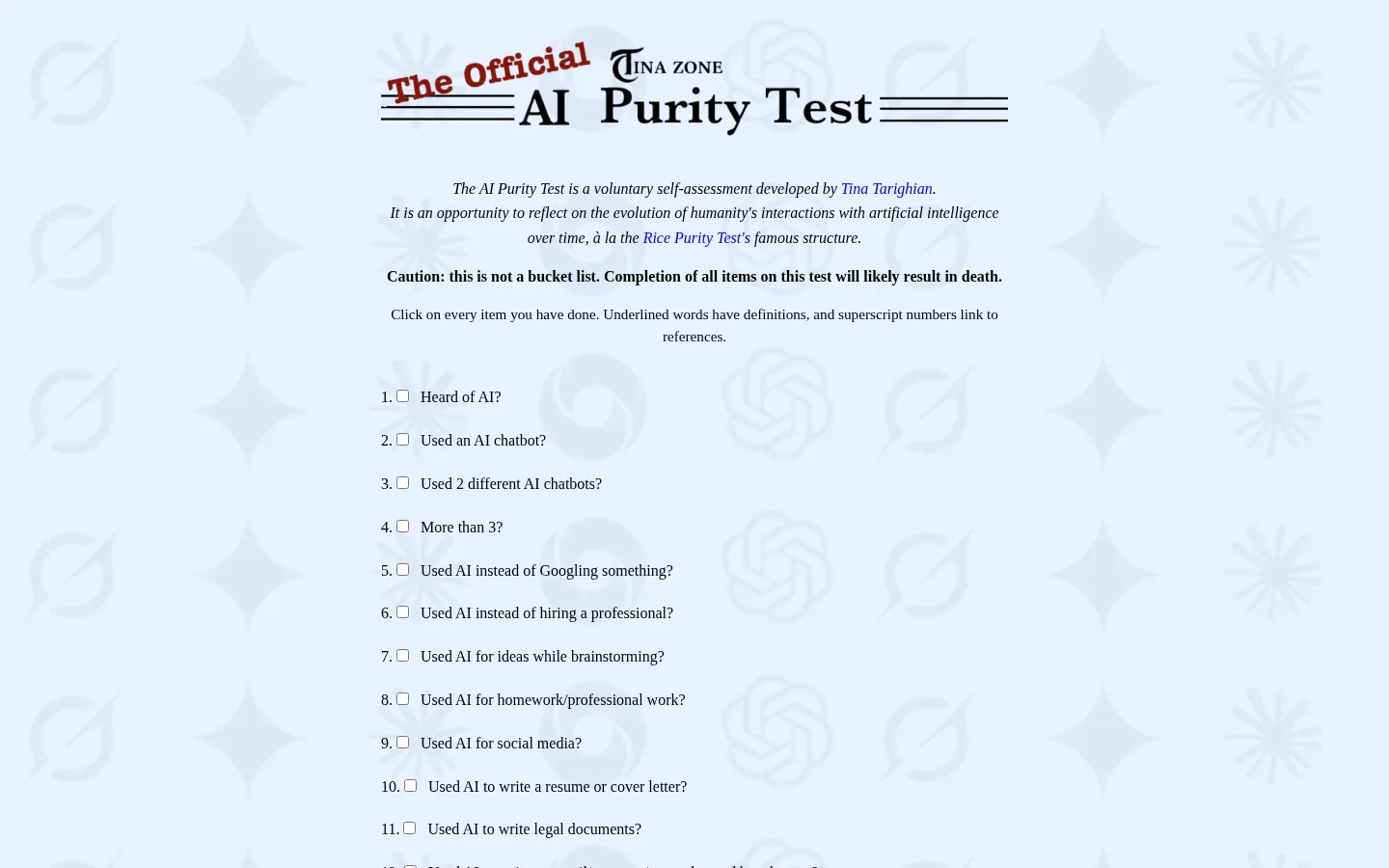 AI Purity Test website homepage screenshot