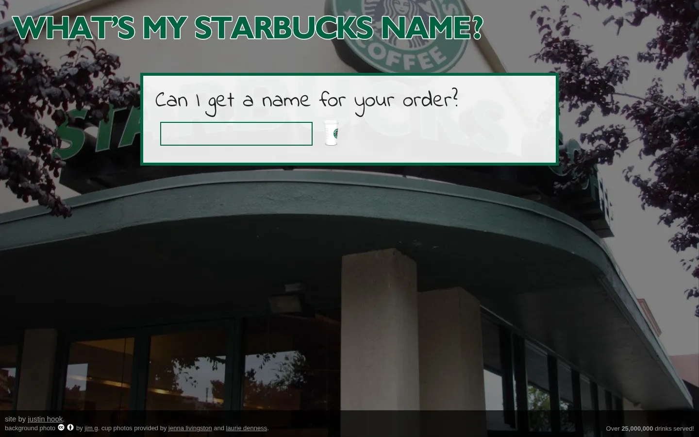 What's My Starbucks Name? website homepage screenshot