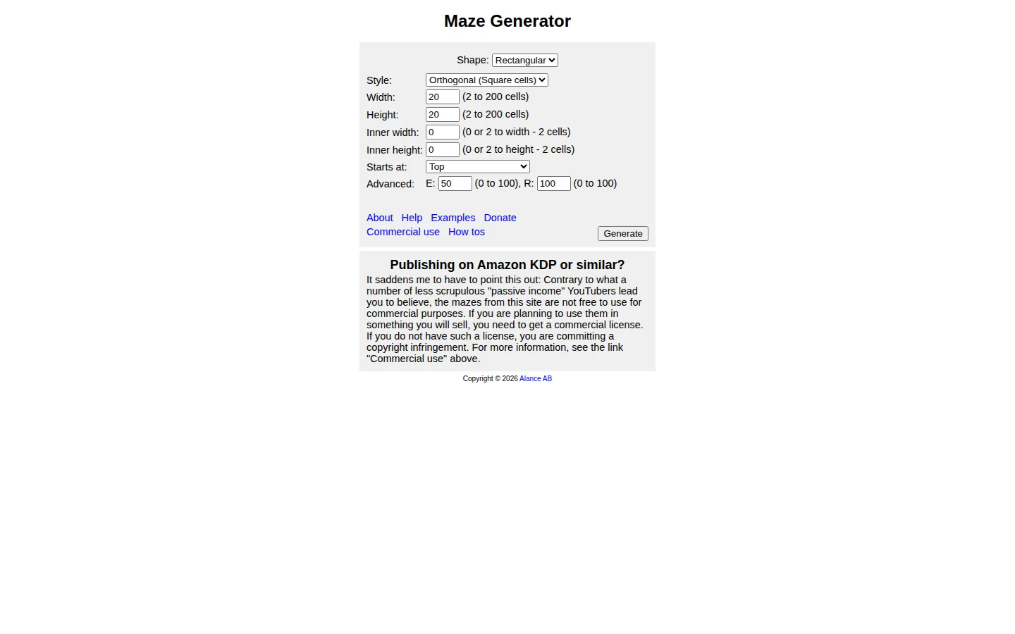 Maze Generator website homepage screenshot