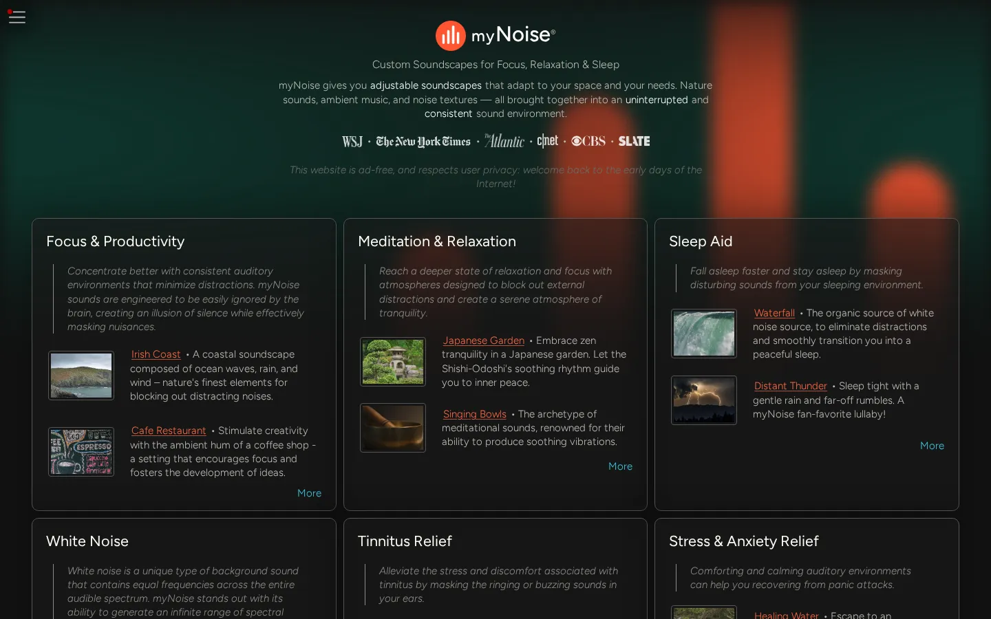 myNoise website homepage screenshot