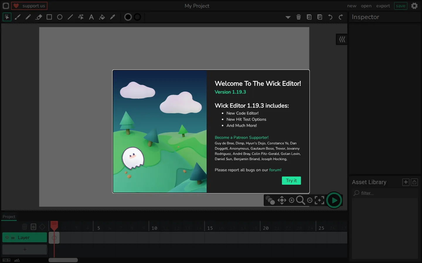Wick Editor website homepage screenshot