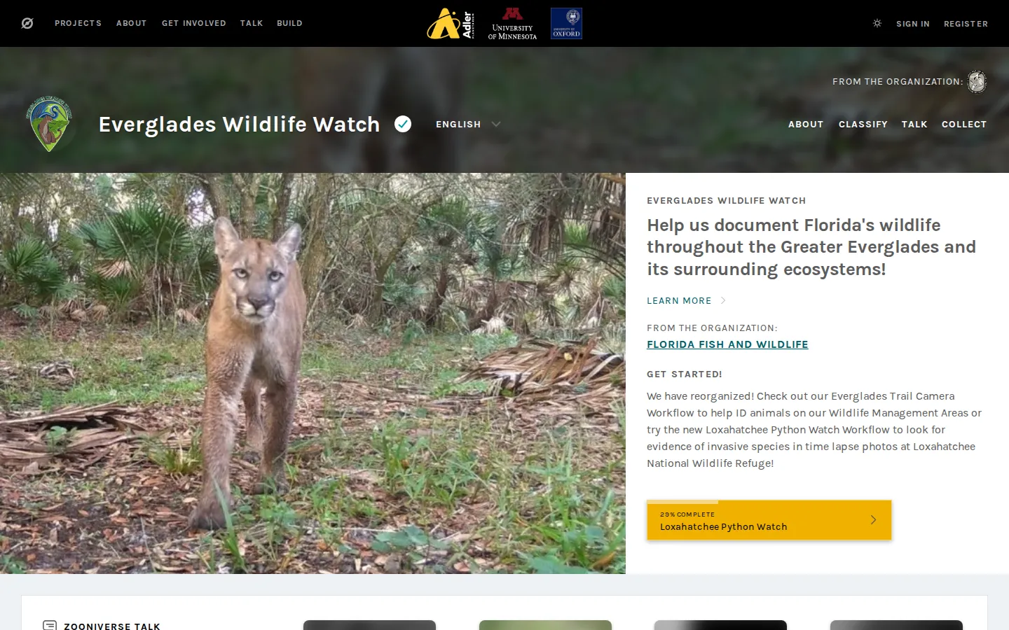 Everglades Wildlife Watch website homepage screenshot