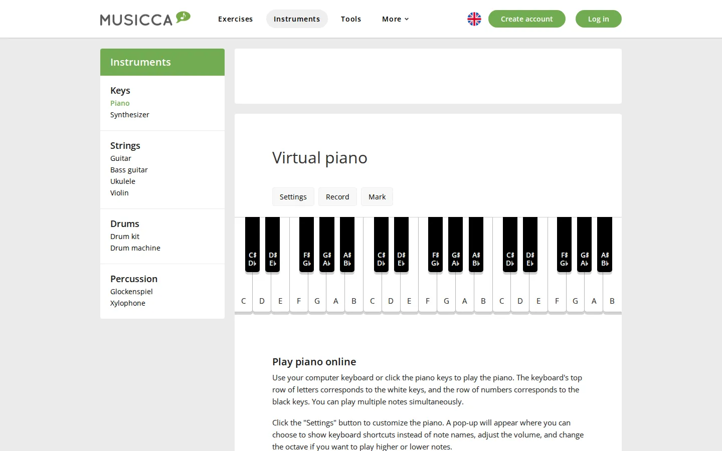 Musicca Virtual Piano website homepage screenshot