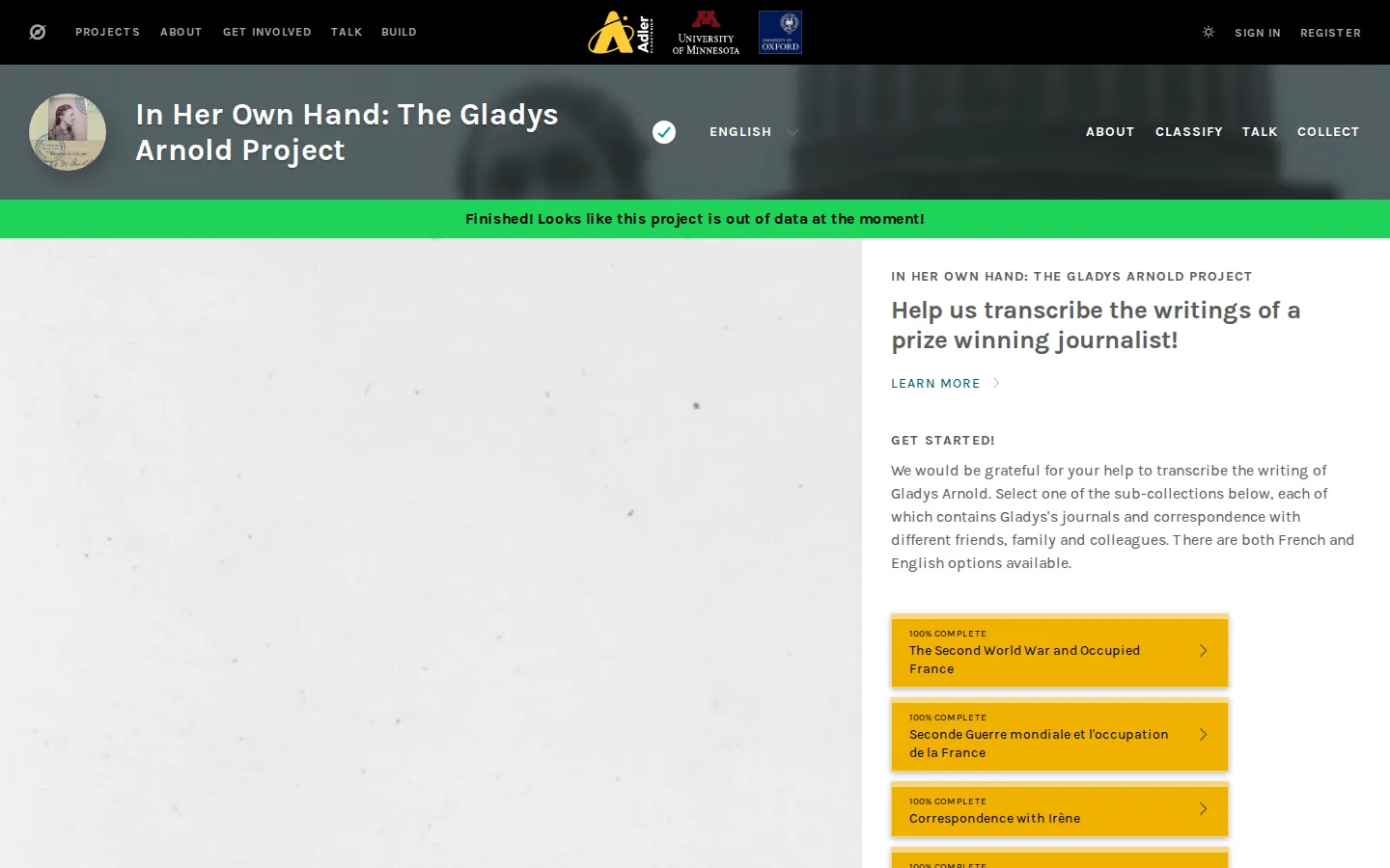 In Her Own Hand: The Gladys Arnold Project website homepage screenshot