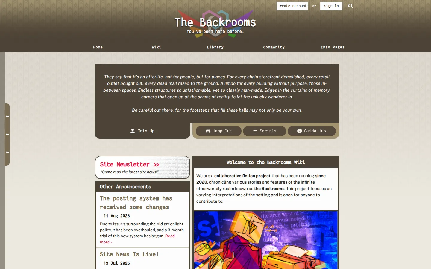 The Backrooms Wiki website homepage screenshot