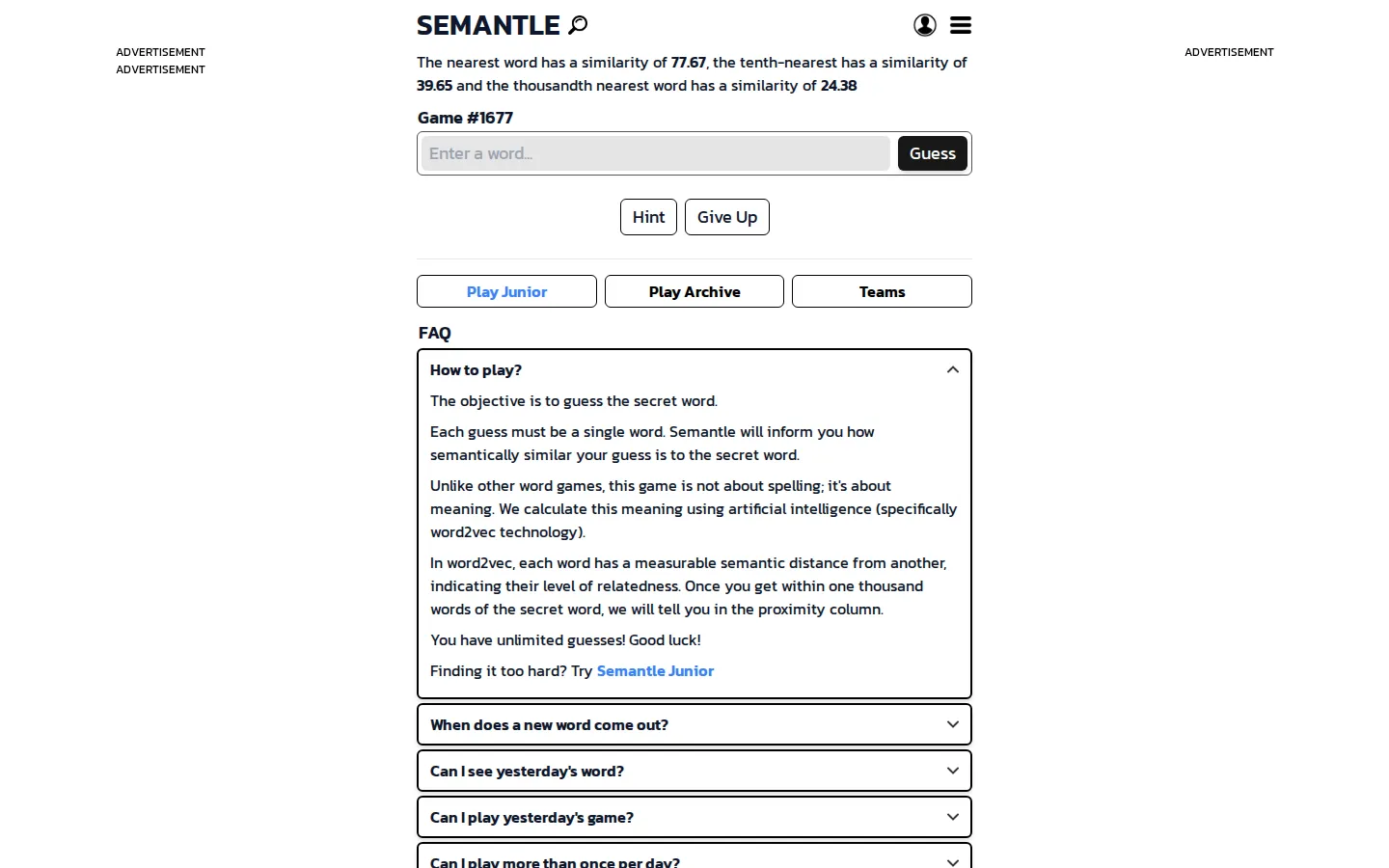 Semantle website homepage screenshot