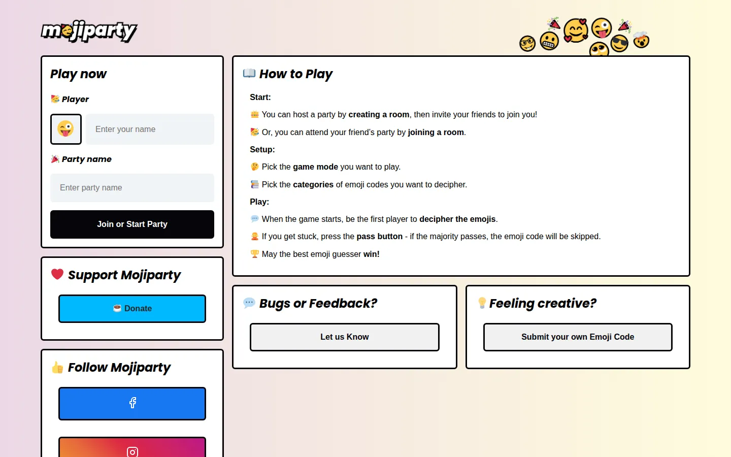 Mojiparty website homepage screenshot