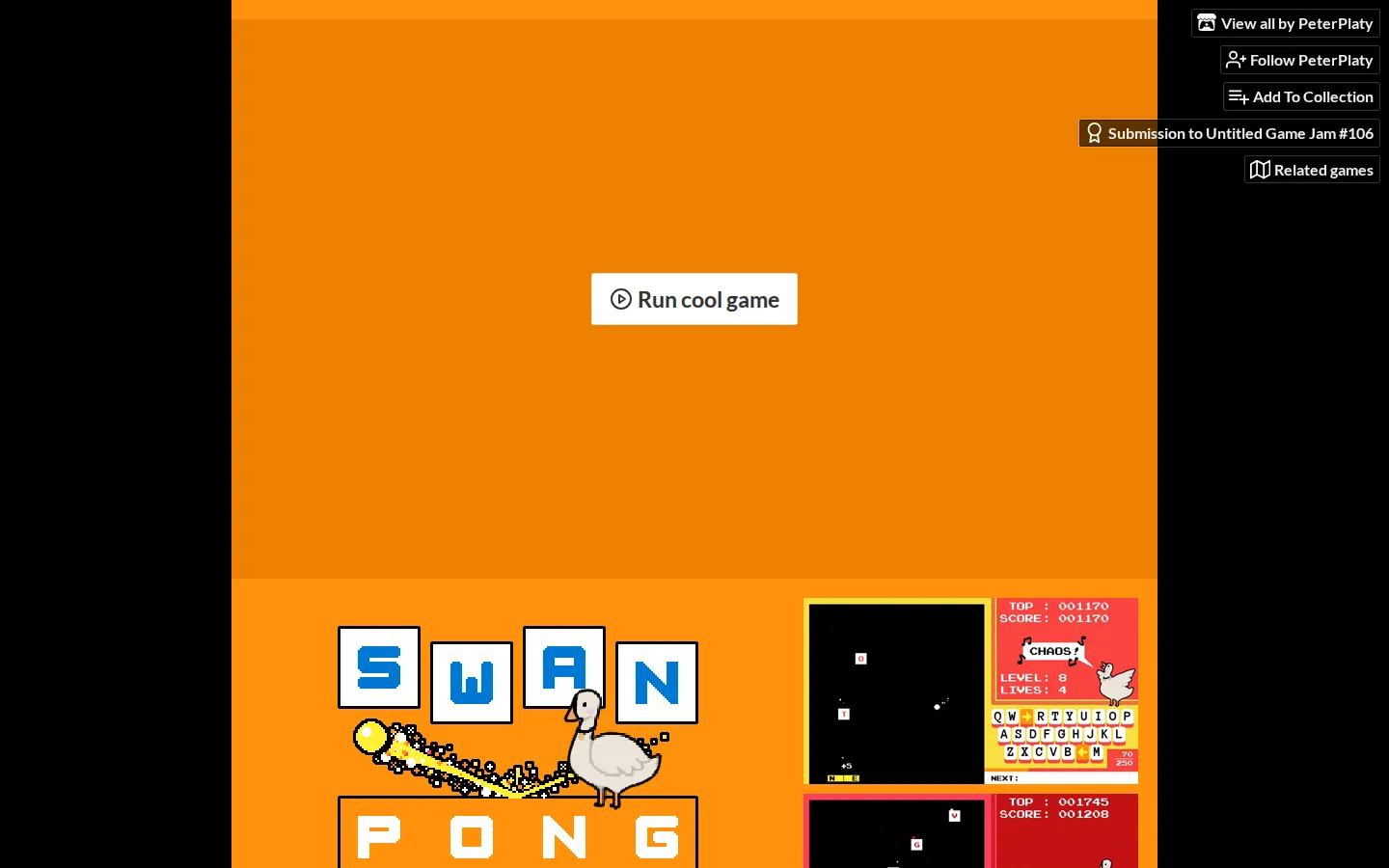 Swan Pong website homepage screenshot