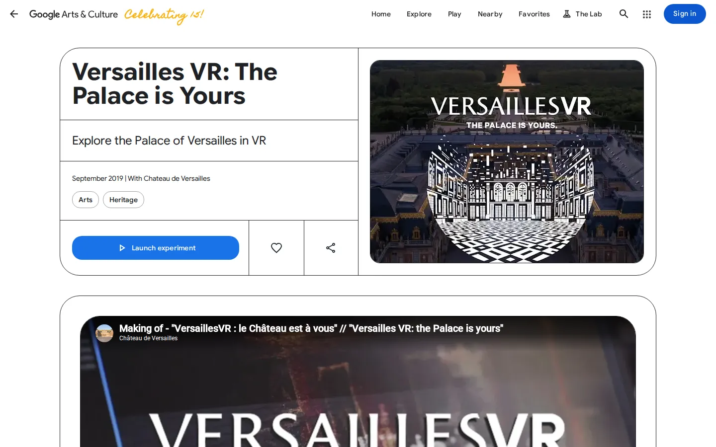 Versailles VR: The Palace is Yours website homepage screenshot