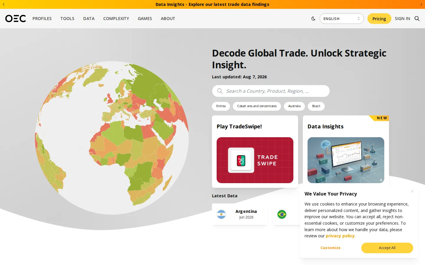 The Observatory of Economic Complexity website homepage screenshot