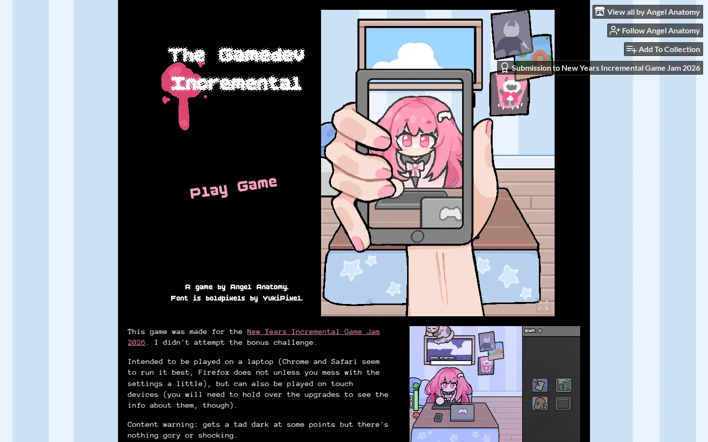 The Gamedev Incremental Game website homepage screenshot