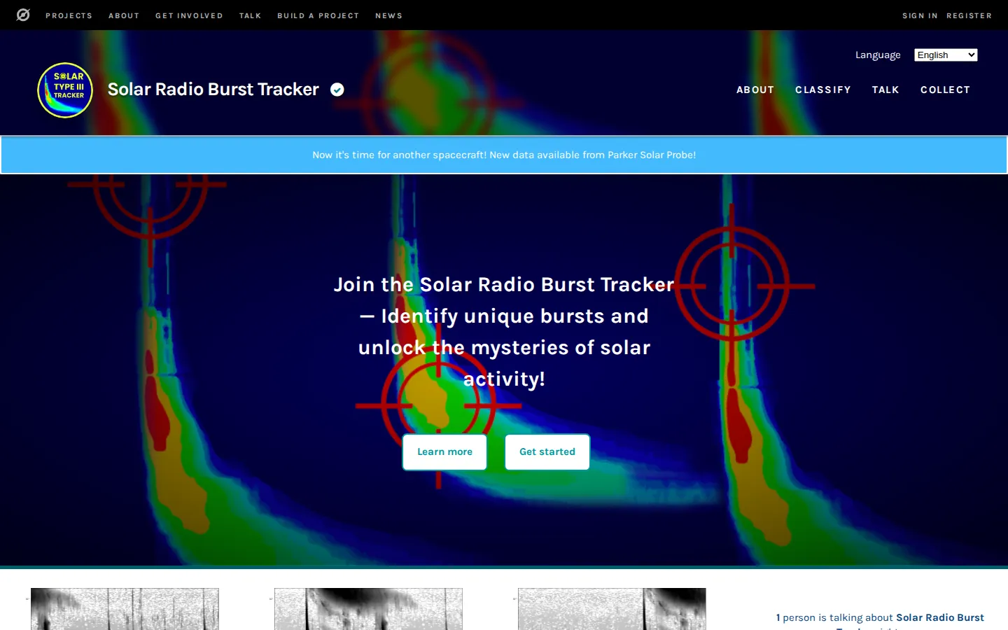 Solar Radio Burst Tracker website homepage screenshot