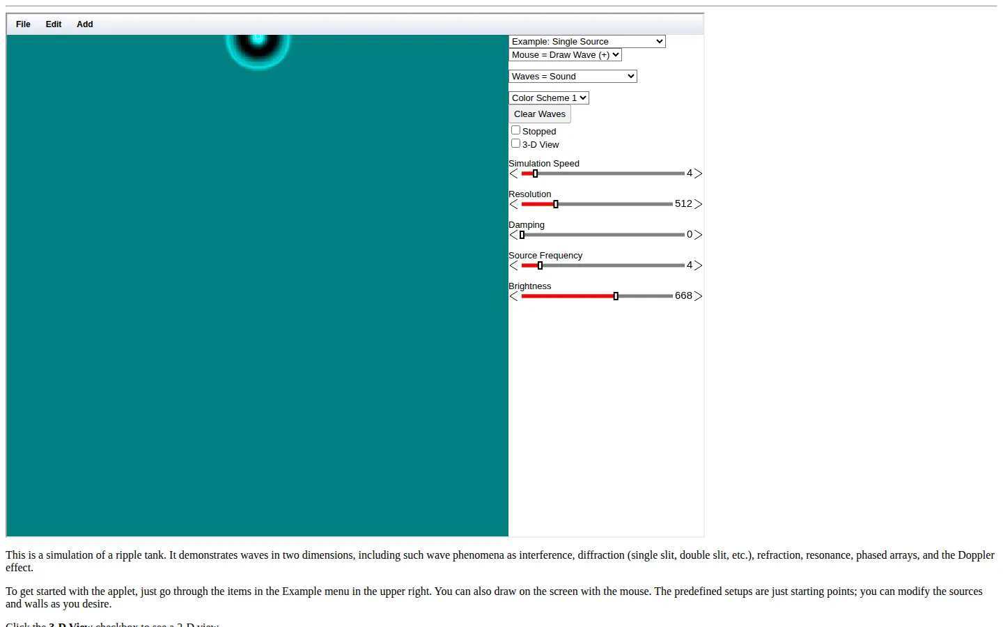 Ripple Tank Simulation website homepage screenshot