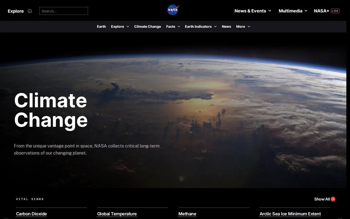 NASA Climate Time Machine website homepage screenshot