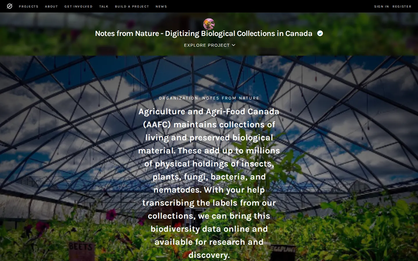 Digitizing Biological Collections in Canada website homepage screenshot