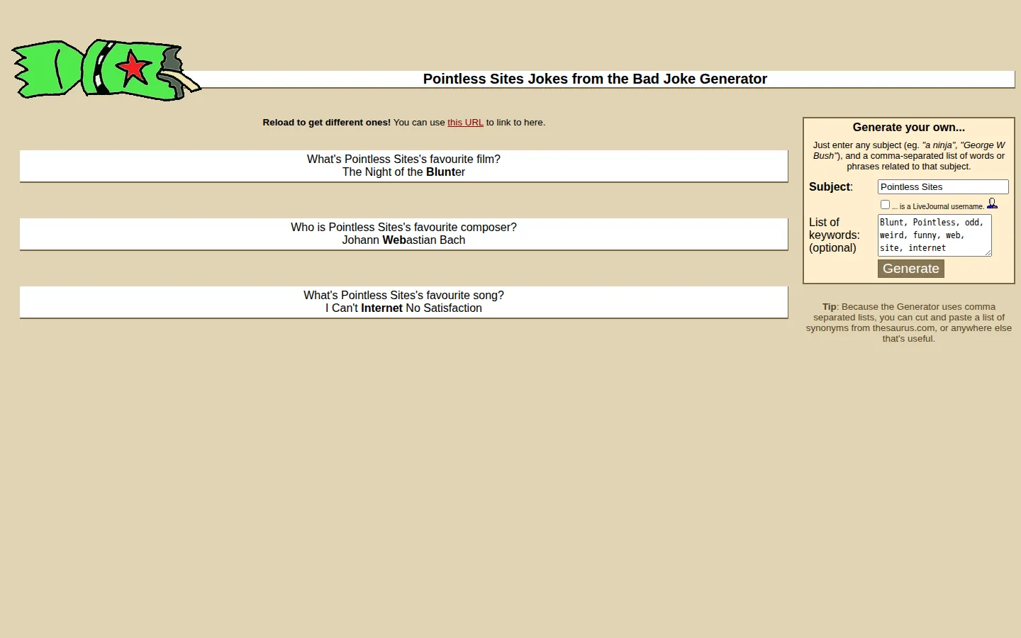 Bad joke generator website homepage screenshot