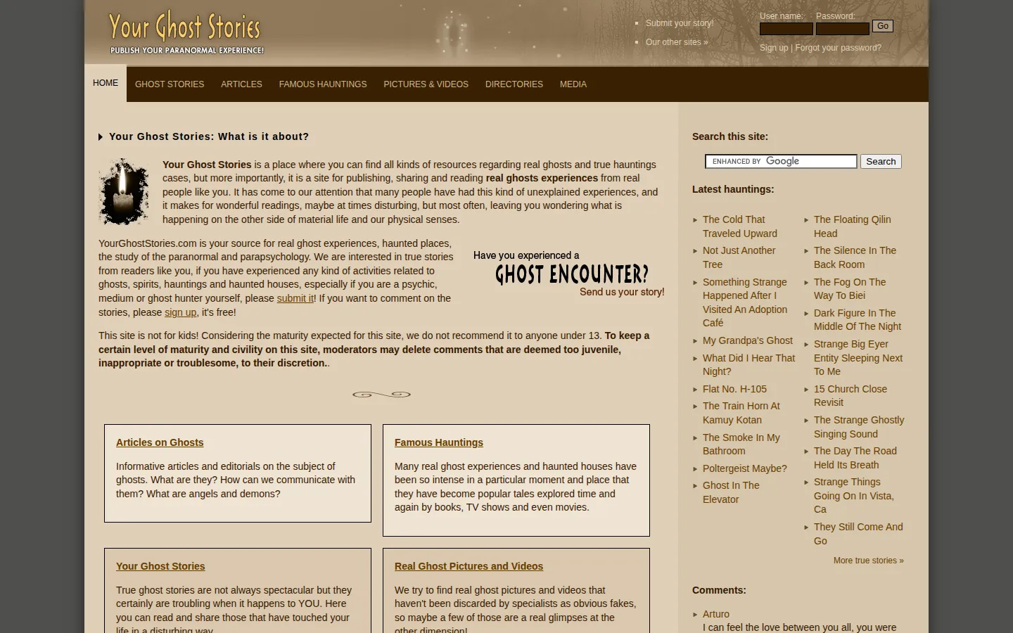 Your Ghost Stories website homepage screenshot